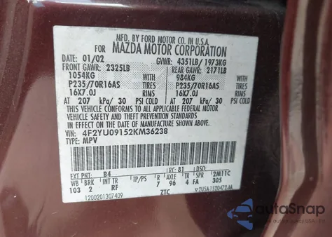 2002 Mazda Tribute Es V6/Lx V6 z USA, uszkodzony, nr VIN 4F2YU09152KM36238